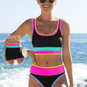 POPVIL Women's Bikini Set in Black, Pink, and Turquoise XL